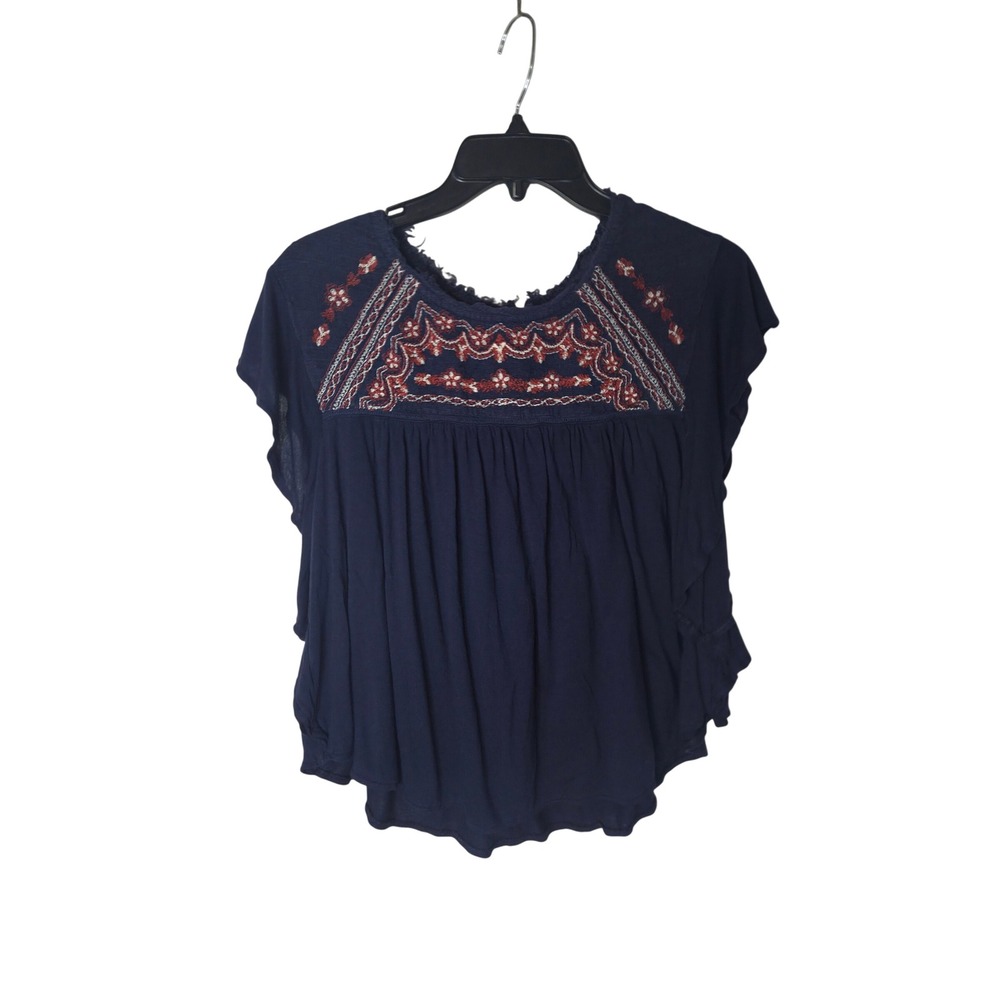 American Eagle Outfitters Navy Blue Embroidered Boho Peasant Blouse Womens M